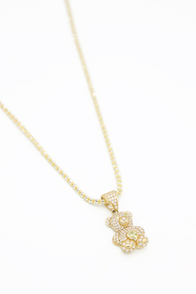 *NEW* 207 14K CZ Teddy Bear (Yellow) Pendant W/ Moon Ice Chain (18") JTJ™ - Javierthejeweler